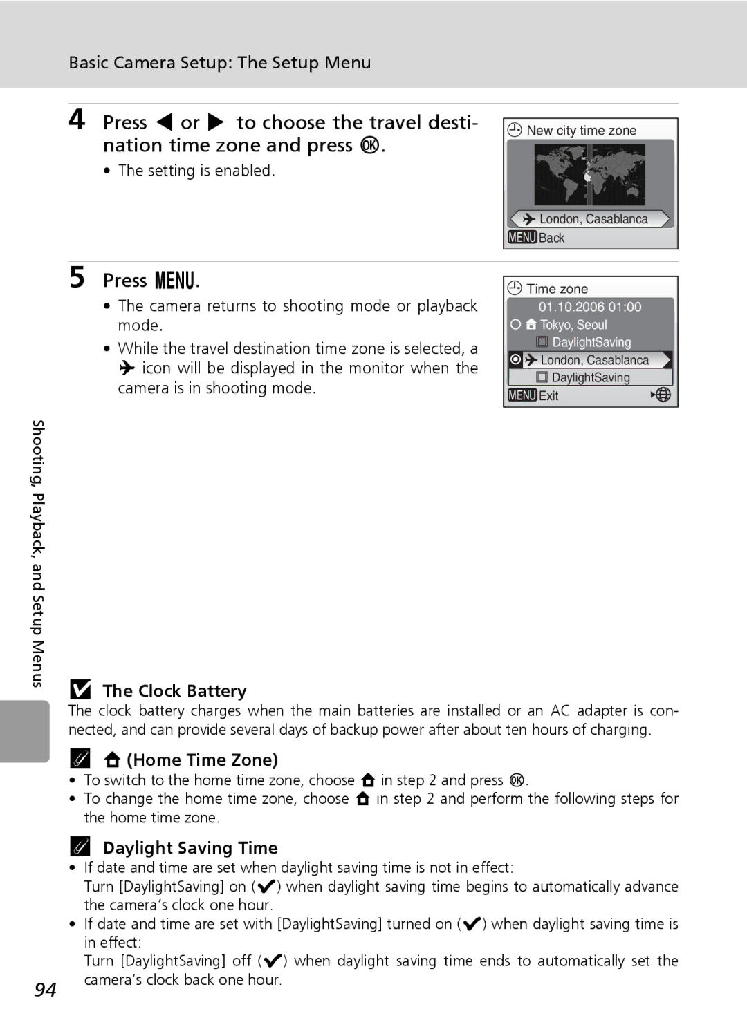 Nikon L6 manual Clock Battery, Home Time Zone 