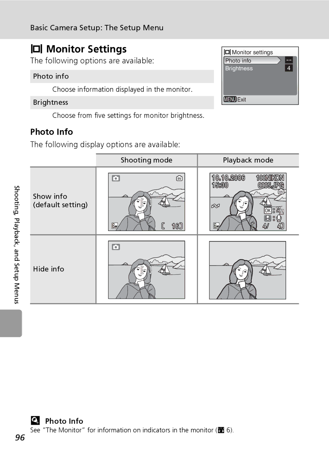 Nikon L6 manual Monitor Settings, Photo Info, Following options are available, Following display options are available 