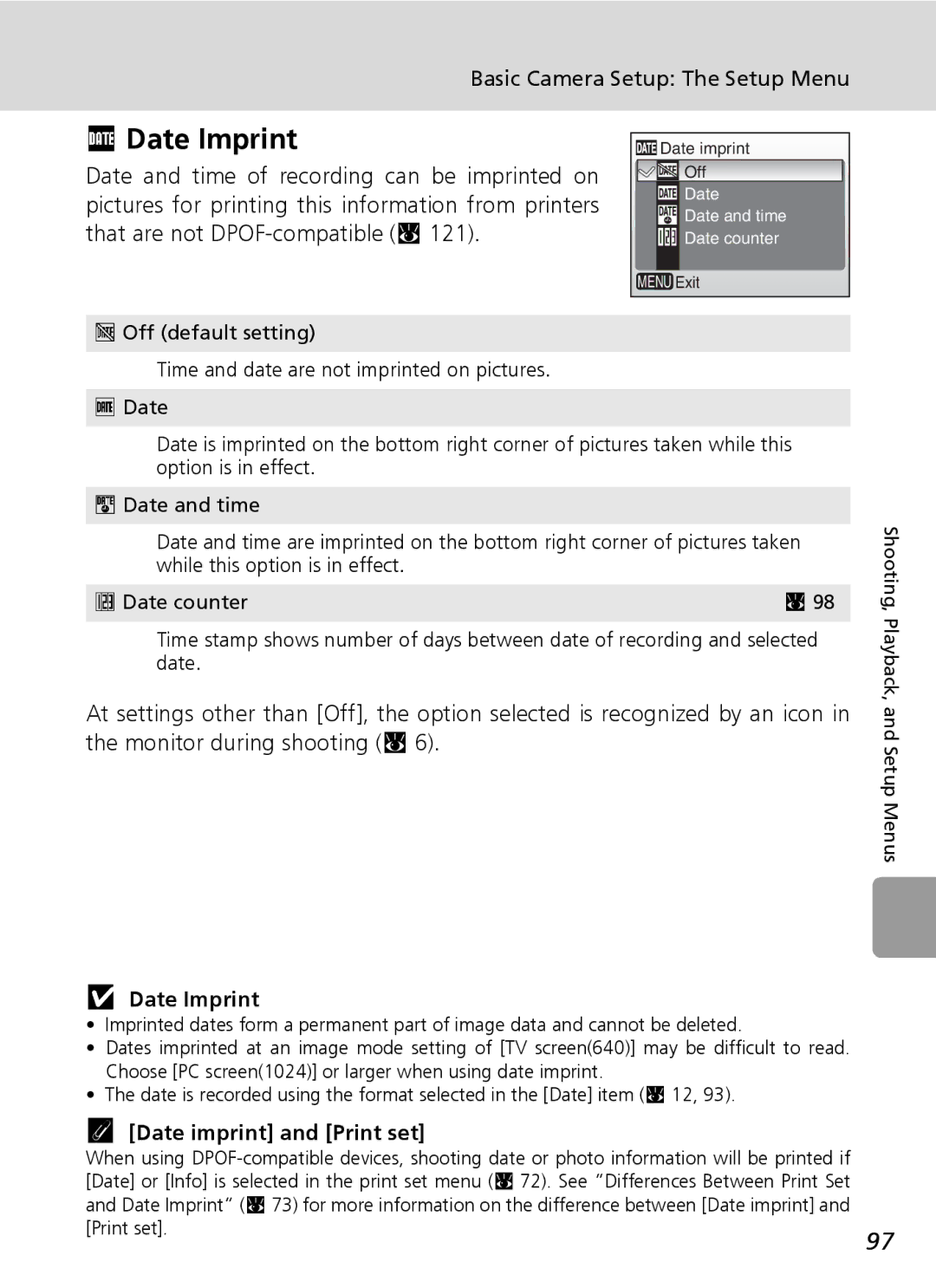 Nikon L6 manual Date Imprint, Date imprint and Print set 