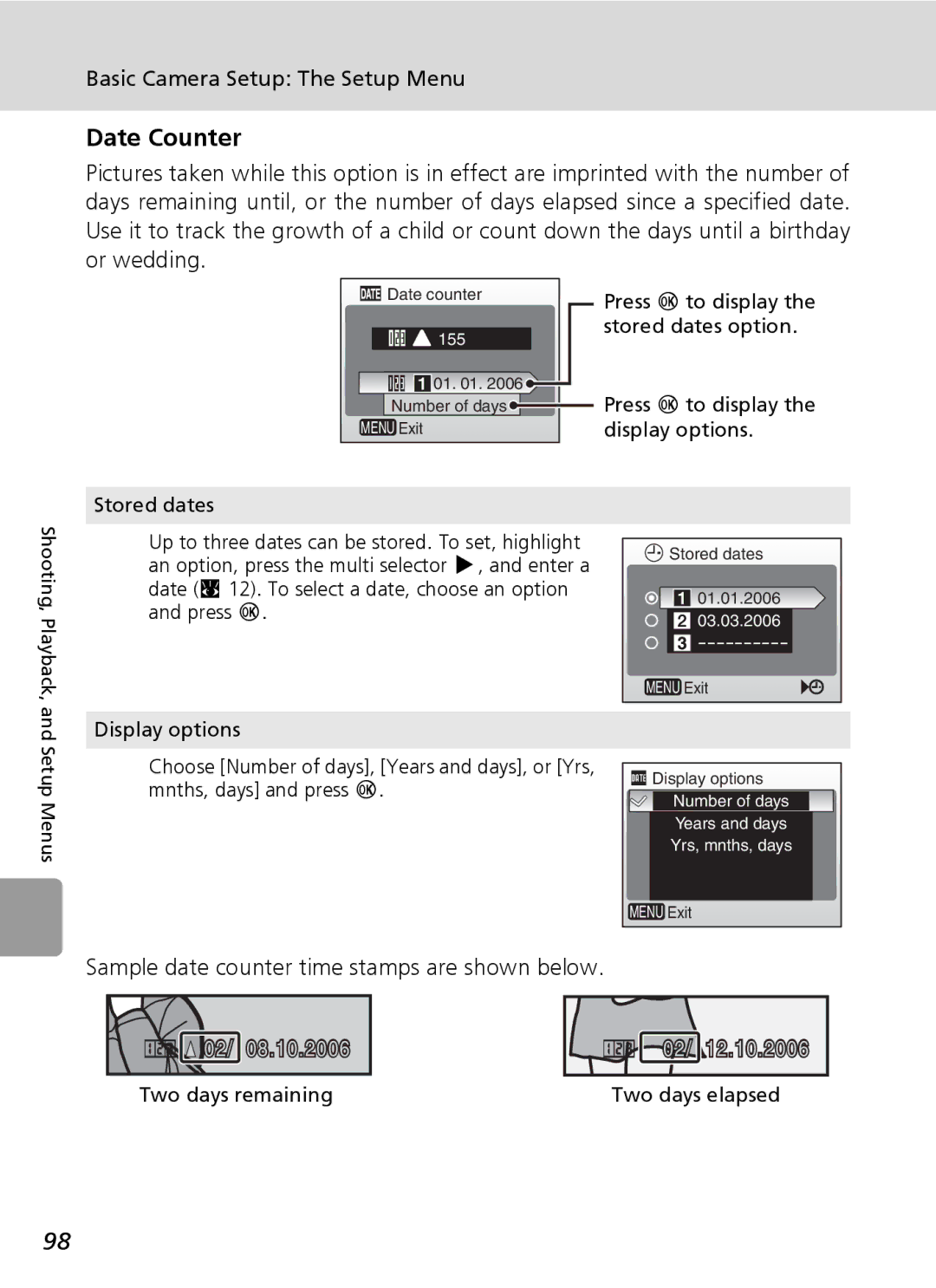 Nikon L6 manual Date Counter, Sample date counter time stamps are shown below, Press d to display, Stored dates option 