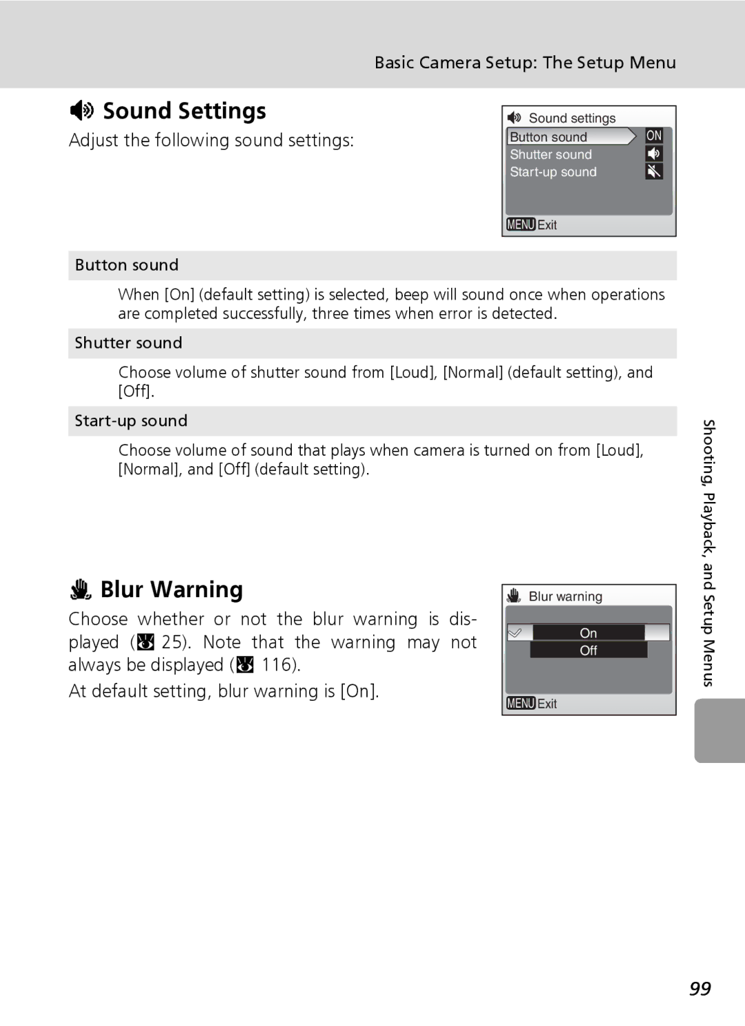 Nikon L6 manual Sound Settings, Blur Warning, Adjust the following sound settings, Button sound 