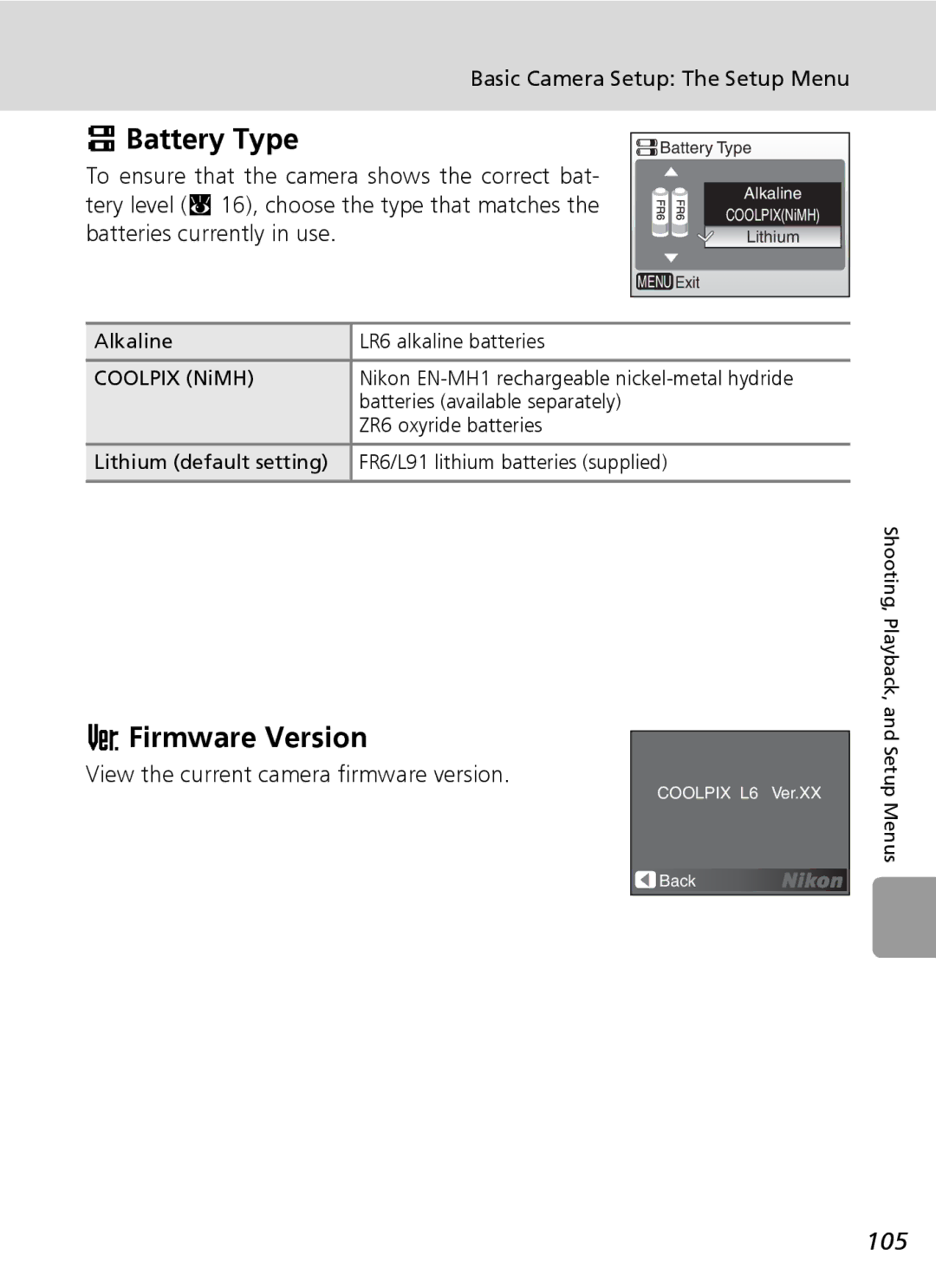 Nikon L6 manual Battery Type, Firmware Version, 105, View the current camera firmware version 