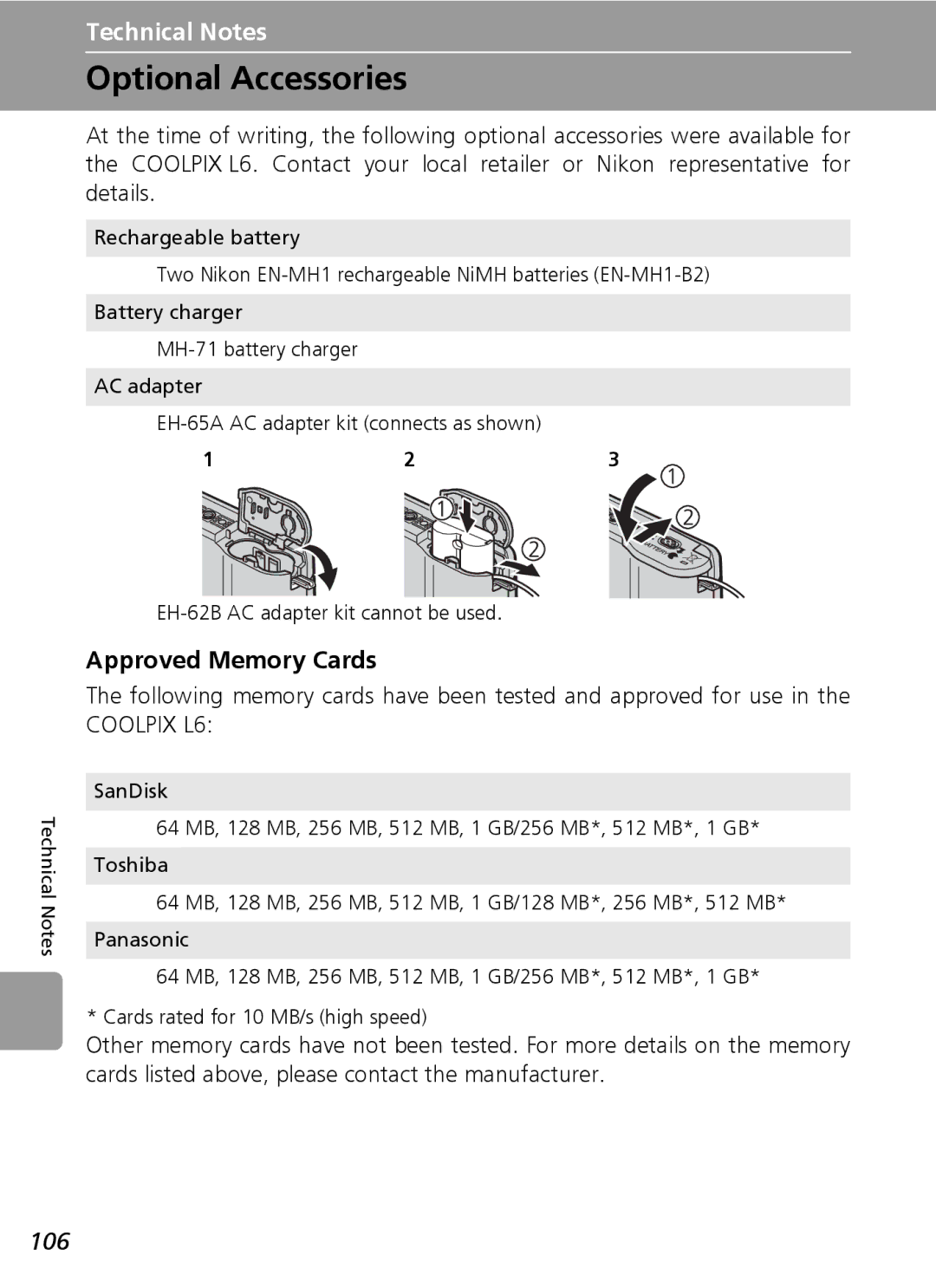 Nikon L6 manual Optional Accessories, Approved Memory Cards, 106 