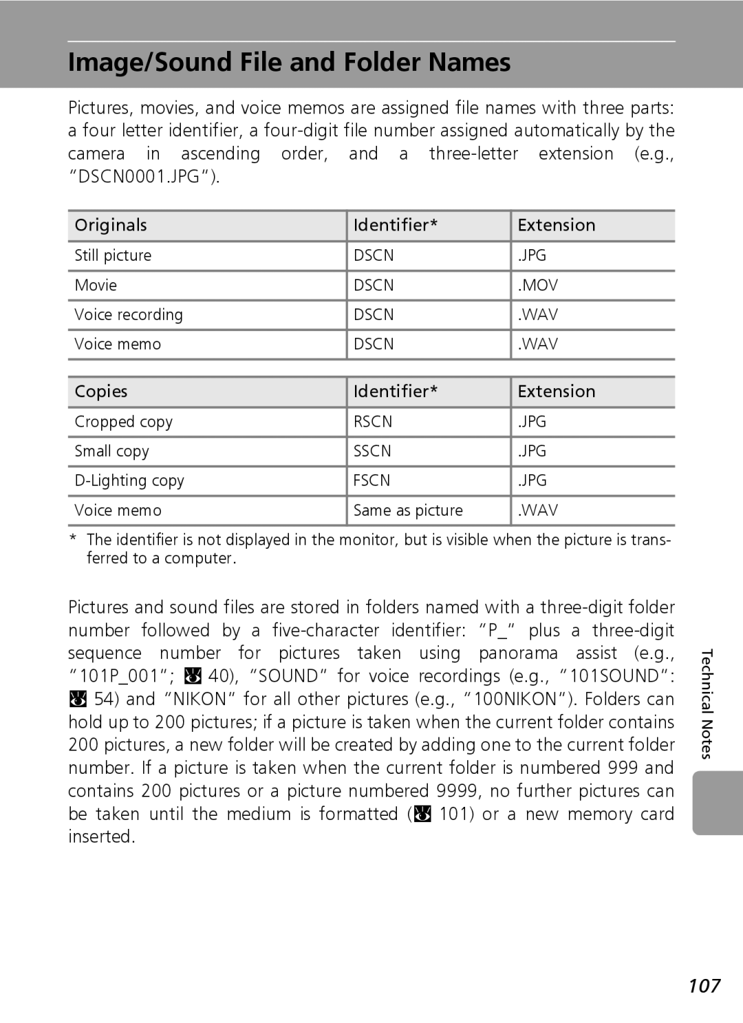 Nikon L6 manual Image/Sound File and Folder Names, 107, Copies Identifier Extension 