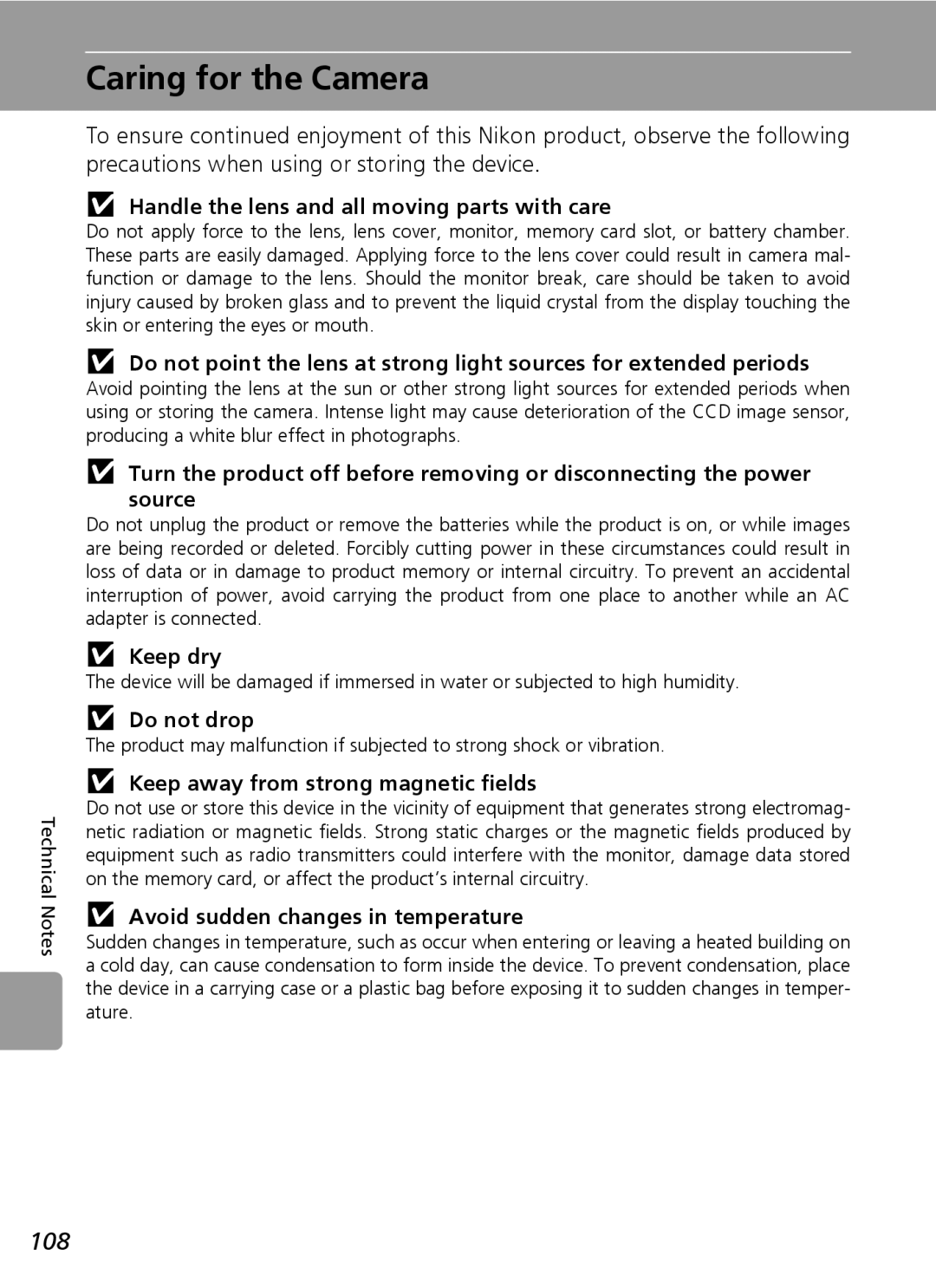 Nikon L6 manual Caring for the Camera, 108 