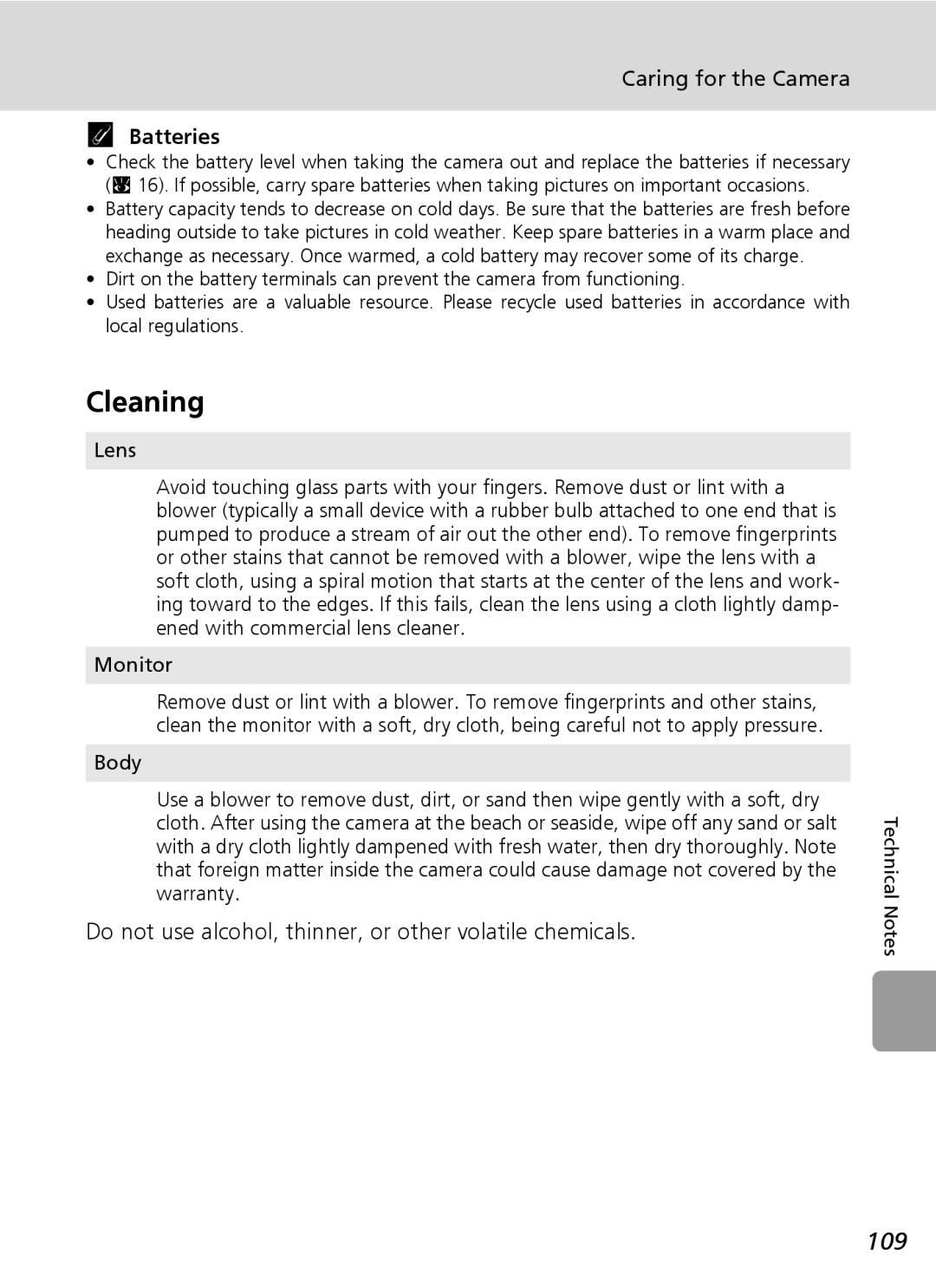 Nikon L6 manual Cleaning, 109, Caring for the Camera, Batteries, Do not use alcohol, thinner, or other volatile chemicals 