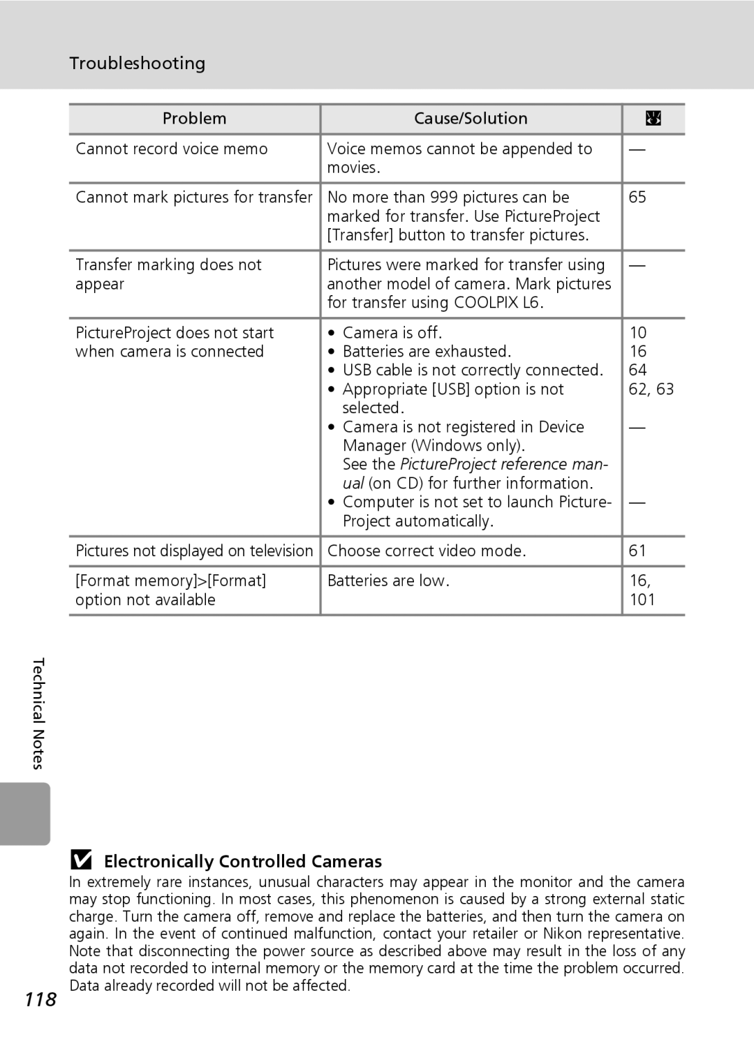 Nikon L6 manual 118, Electronically Controlled Cameras 