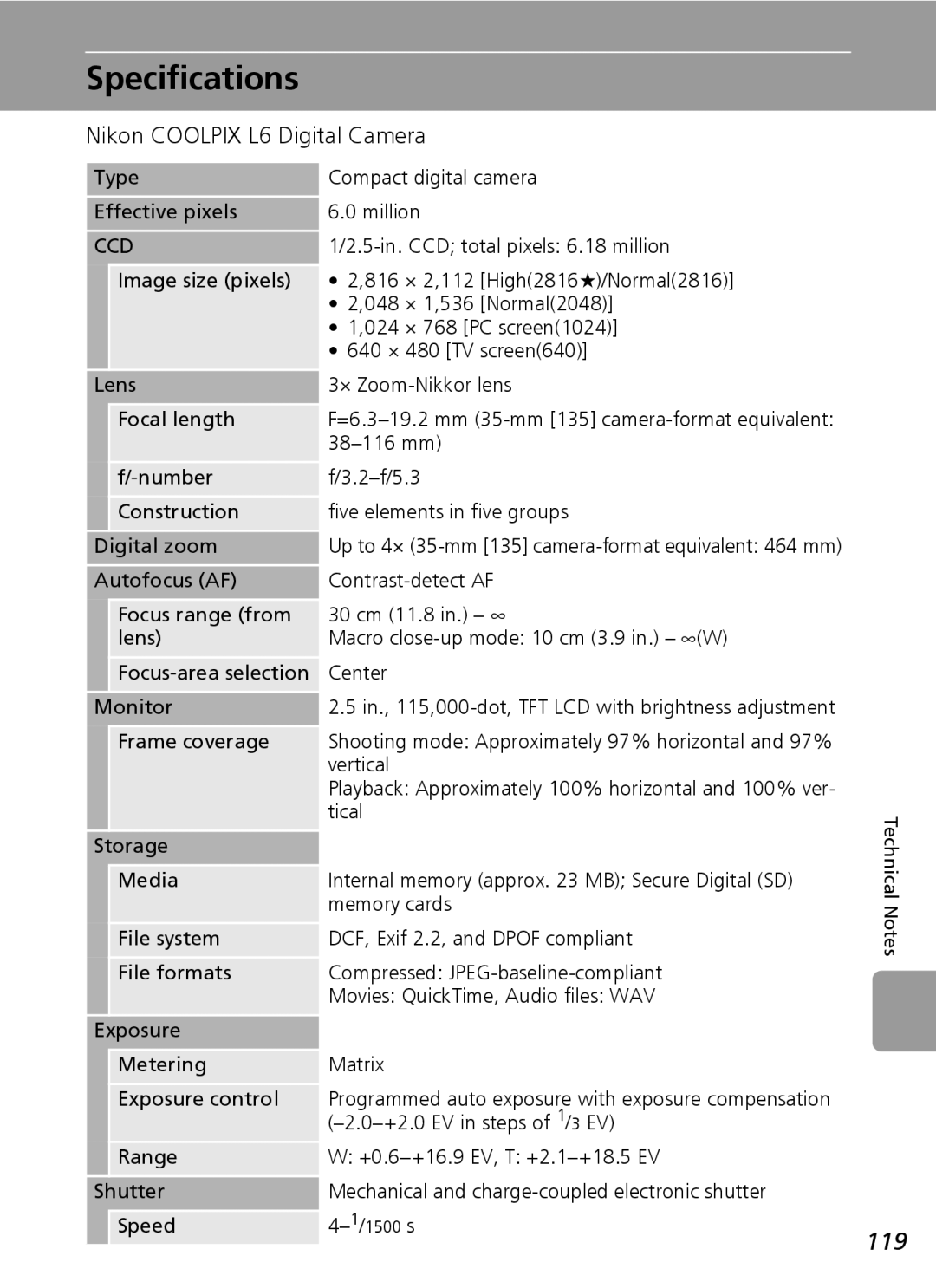 Nikon manual Specifications, 119, Nikon Coolpix L6 Digital Camera 