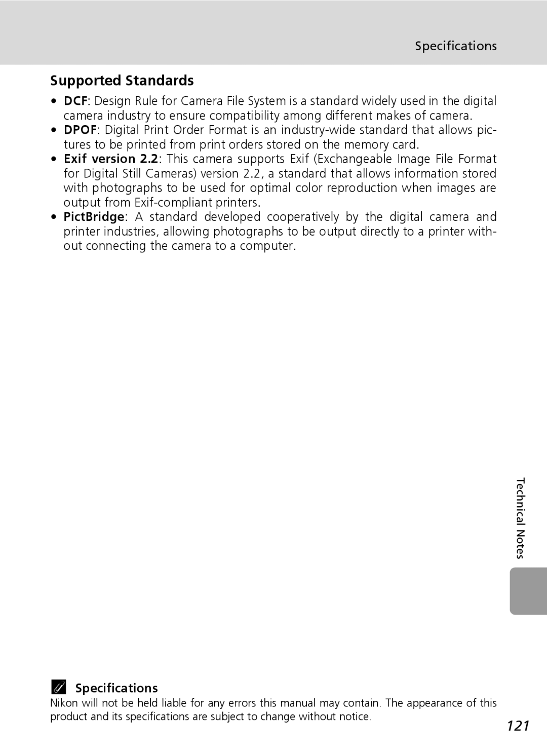 Nikon L6 manual Supported Standards, 121, Specifications 