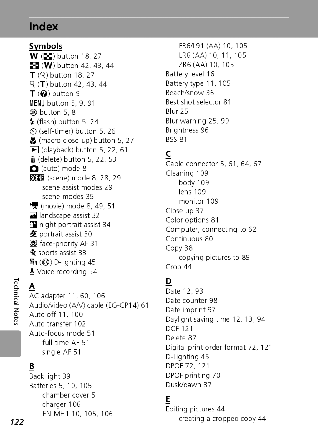 Nikon L6 manual Index, Symbols, 122 