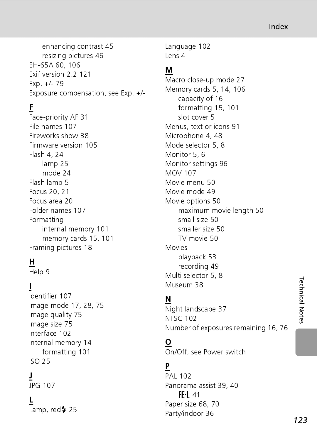 Nikon L6 manual 123, Index, Museum Night landscape Ntsc, Enhancing contrast 45 resizing pictures 