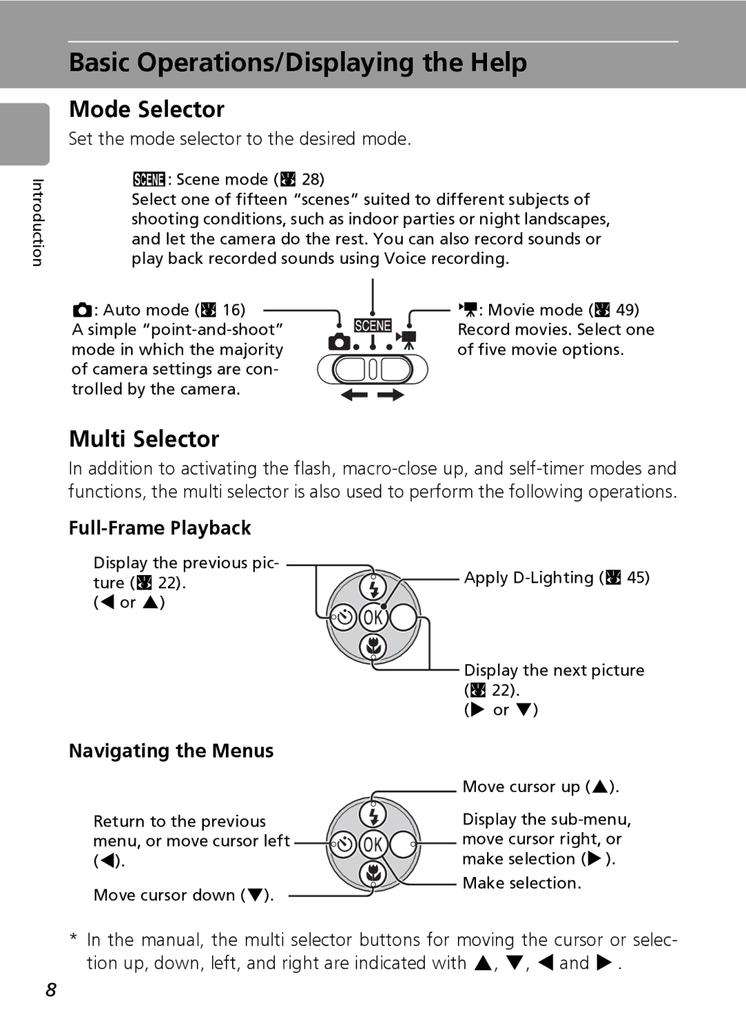 Nikon L6 Basic Operations/Displaying the Help, Mode Selector, Multi Selector, Full-Frame Playback, Navigating the Menus 