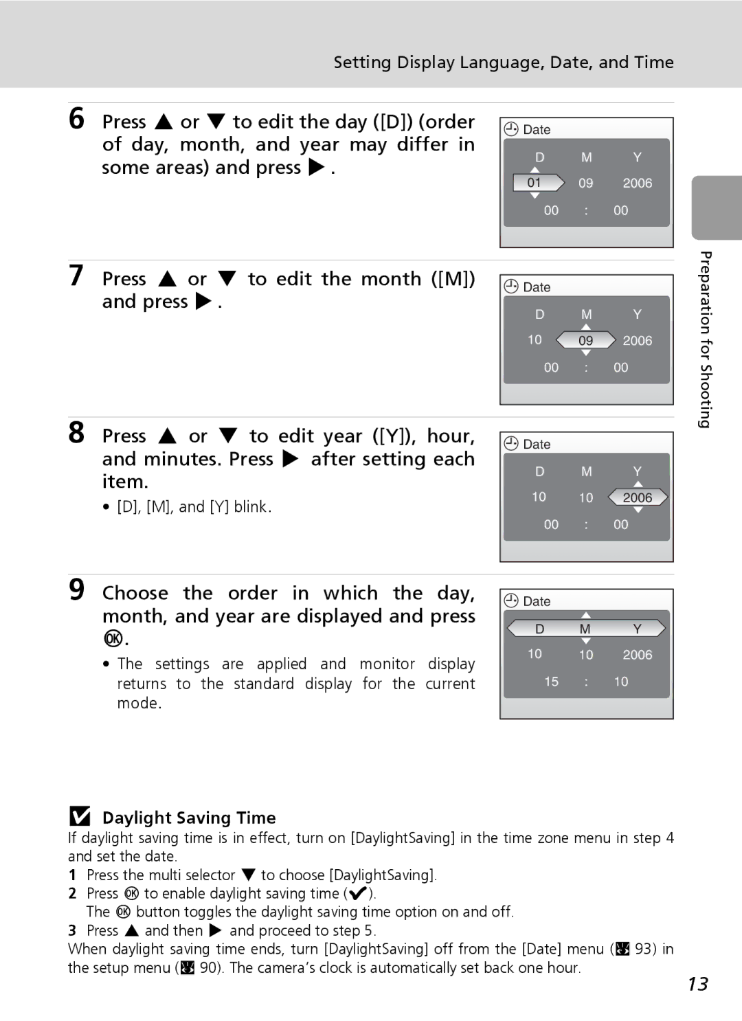 Nikon L6 manual Setting Display Language, Date, and Time, Daylight Saving Time, Y blink 