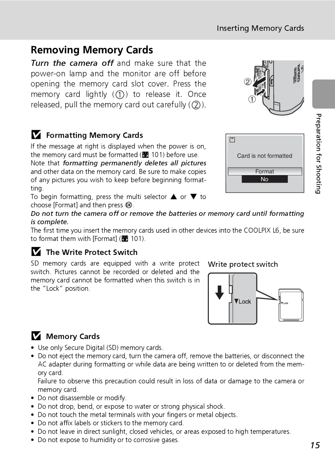 Nikon L6 manual Removing Memory Cards, Formatting Memory Cards, Write Protect Switch 