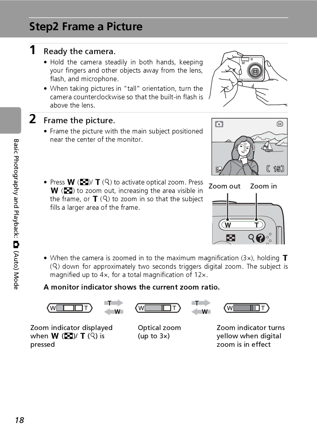 Nikon L6 manual Frame a Picture, Ready the camera, Frame the picture, Monitor indicator shows the current zoom ratio 