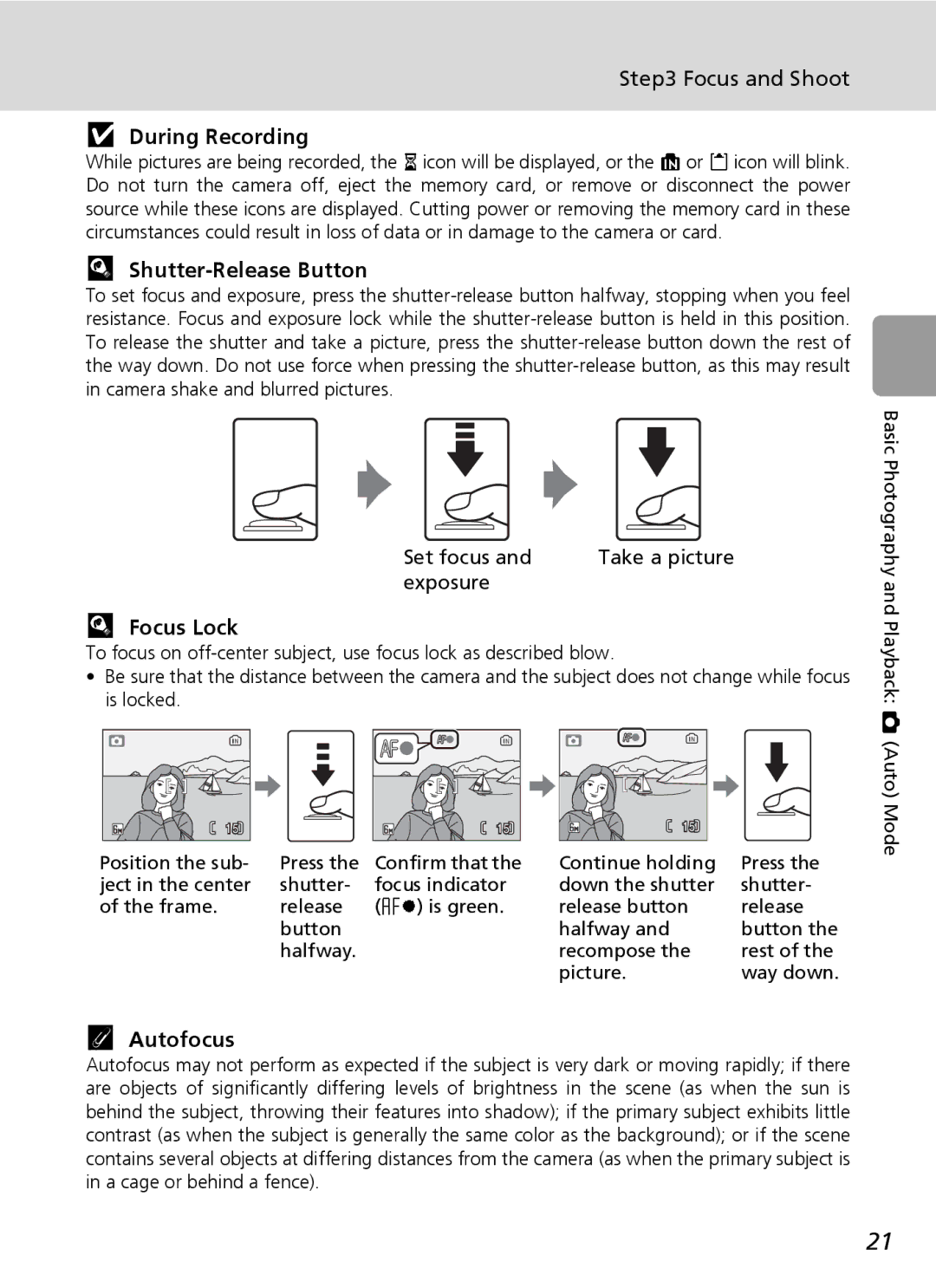 Nikon L6 manual Focus and Shoot, During Recording, Shutter-Release Button, Focus Lock, Autofocus 