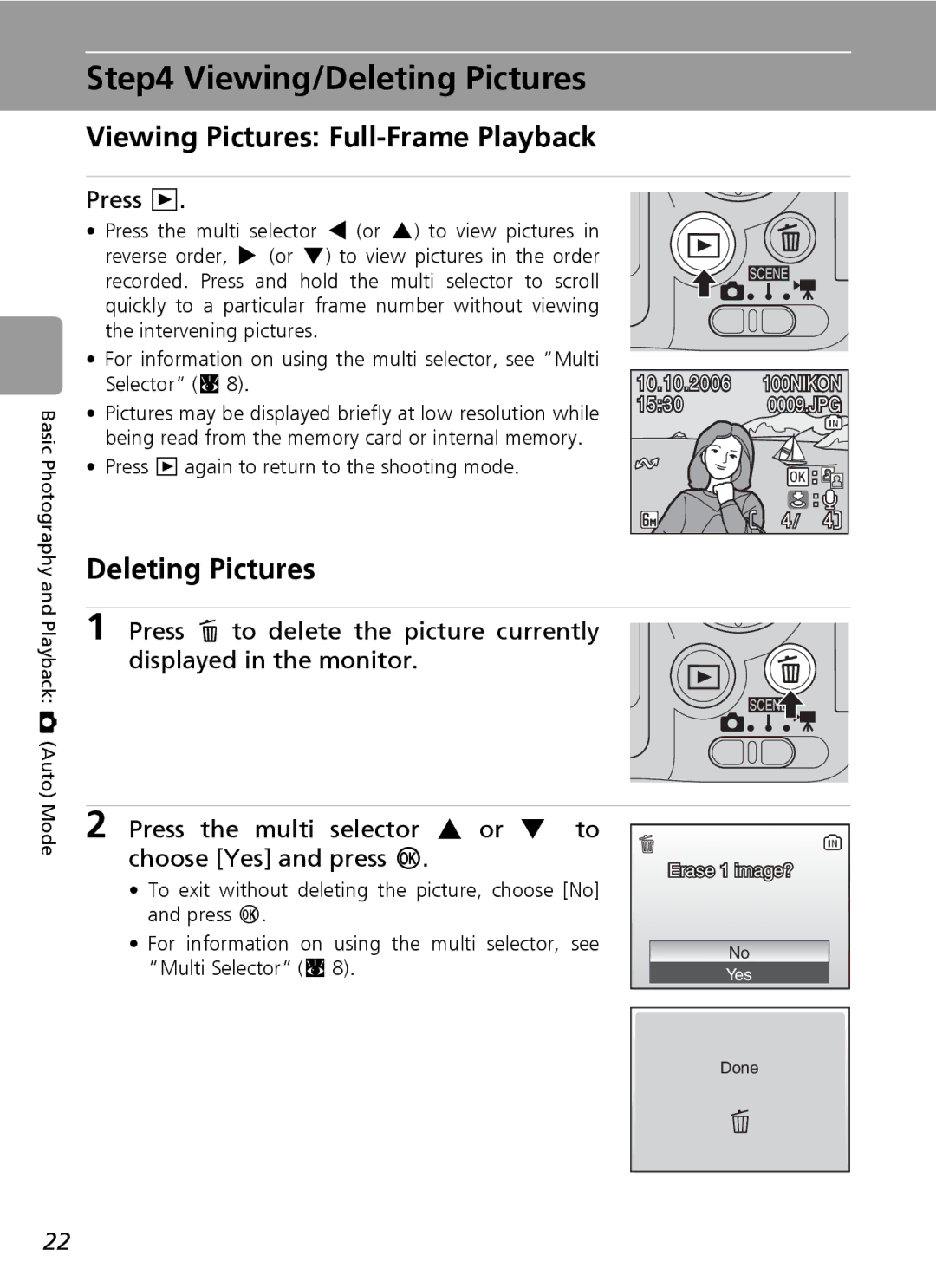 Nikon L6 manual Viewing/Deleting Pictures, Viewing Pictures Full-Frame Playback, Press 