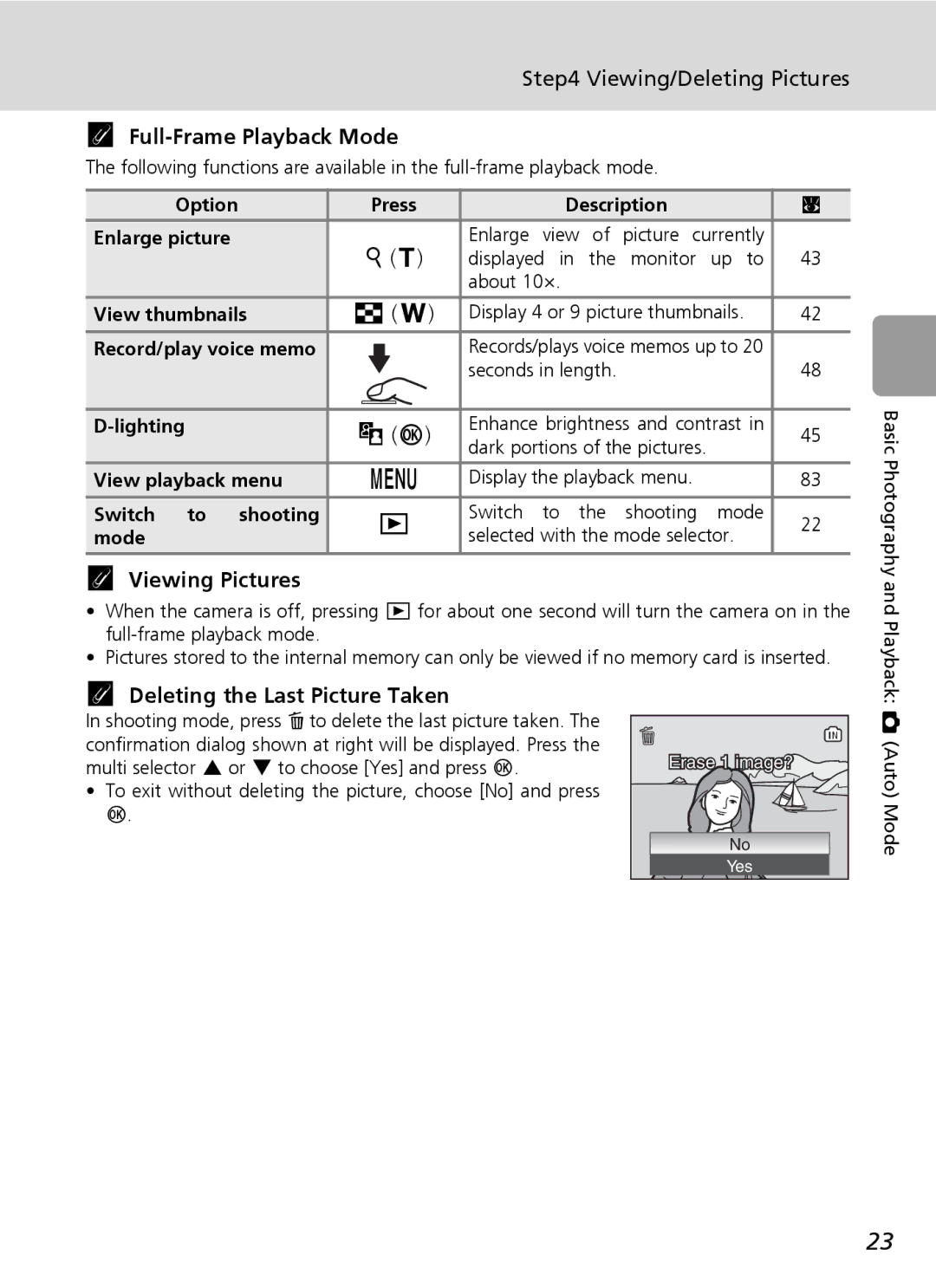 Nikon L6 manual Viewing/Deleting Pictures, Full-Frame Playback Mode, Viewing Pictures, Deleting the Last Picture Taken 