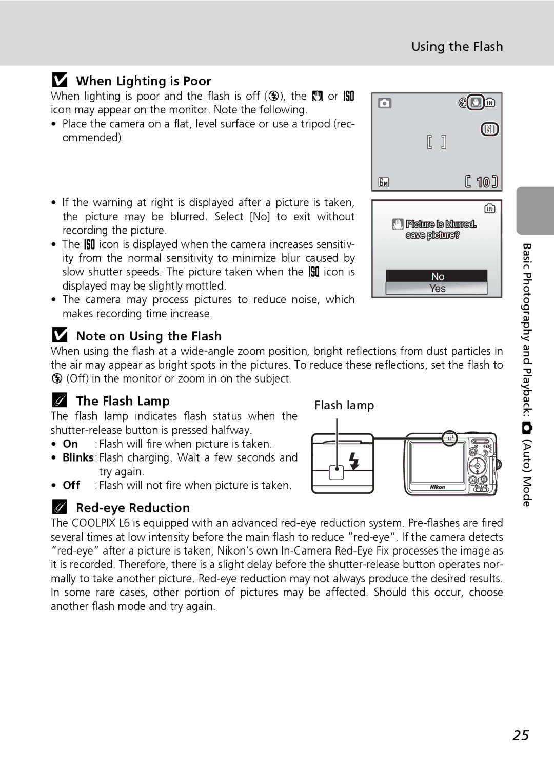 Nikon L6 manual Using the Flash, When Lighting is Poor, Flash Lamp, Red-eye Reduction 