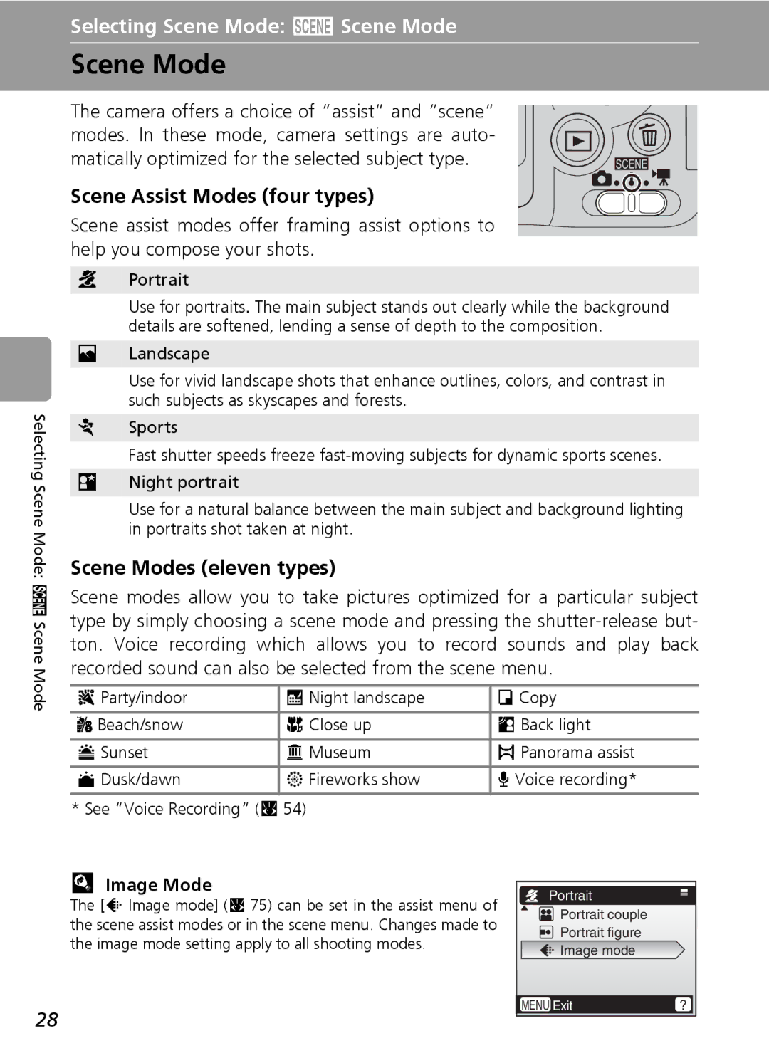 Nikon L6 manual Scene Assist Modes four types, Scene Modes eleven types, Image Mode 