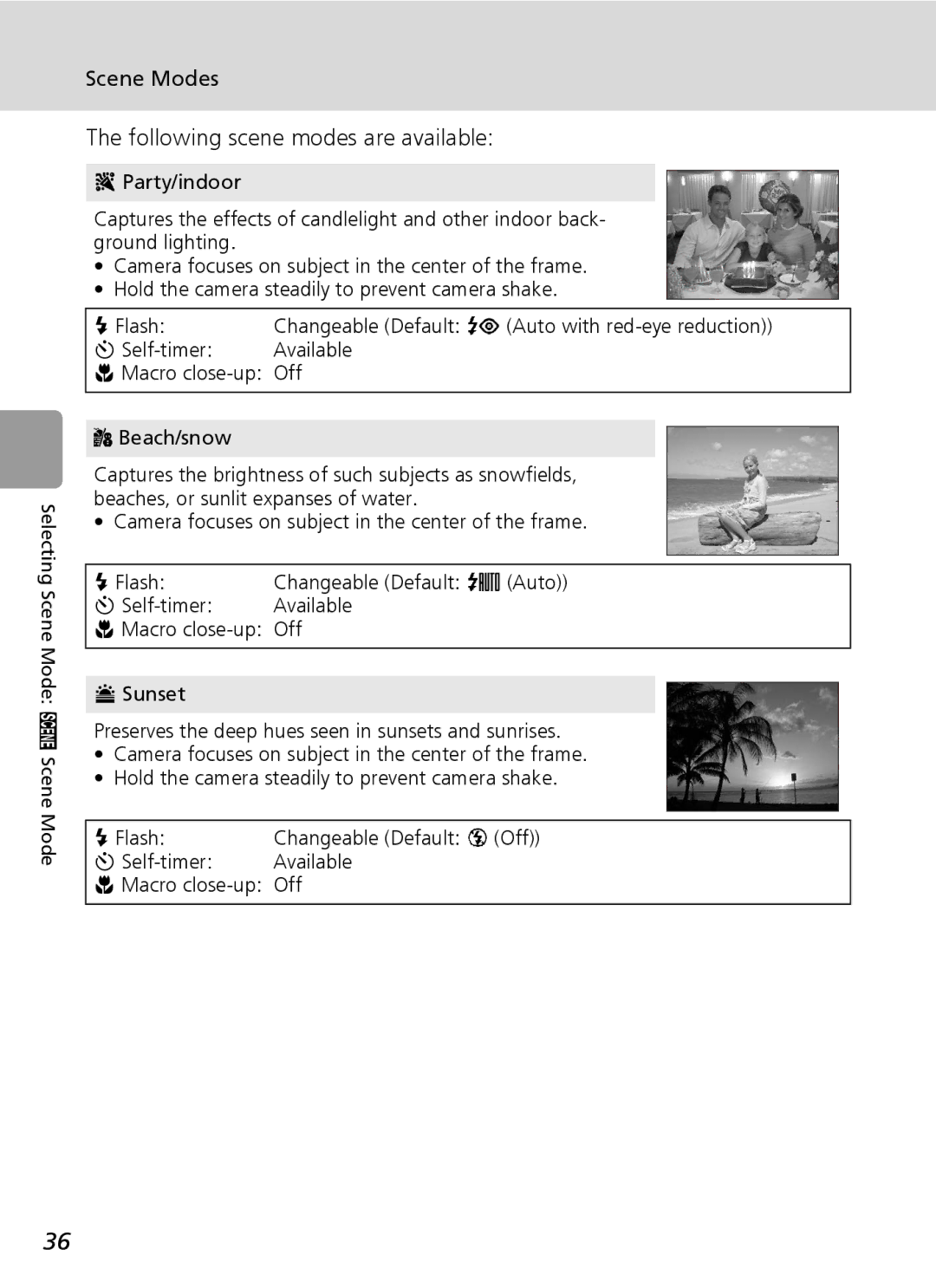 Nikon L6 manual Scene Modes, Following scene modes are available 