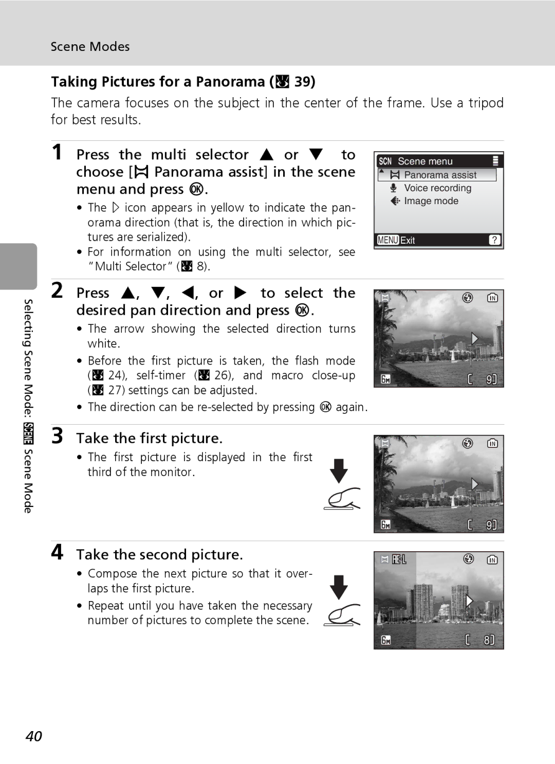 Nikon L6 manual Taking Pictures for a Panorama c, Take the first picture, Take the second picture, 24, self-timer c 26 