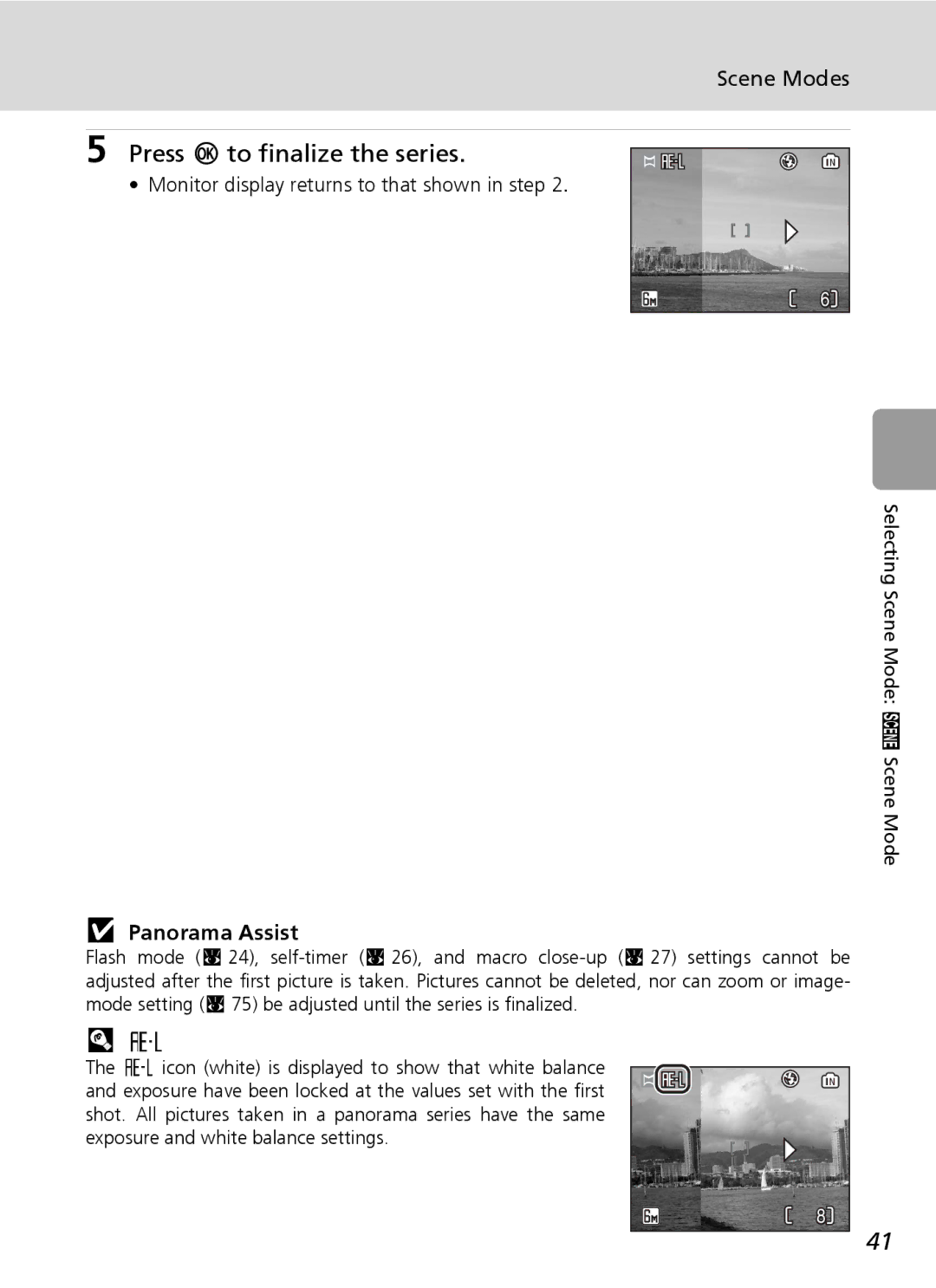 Nikon L6 manual Press d to finalize the series, Panorama Assist, Monitor display returns to that shown in step 