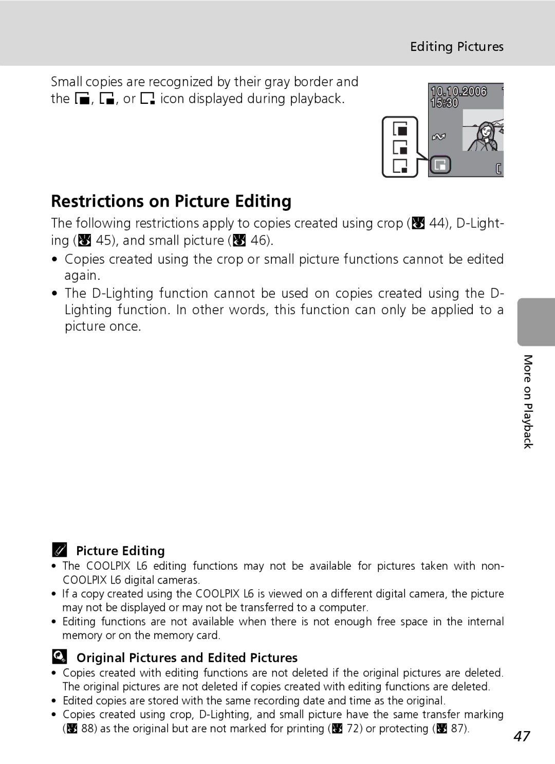 Nikon L6 manual Restrictions on Picture Editing, Original Pictures and Edited Pictures 