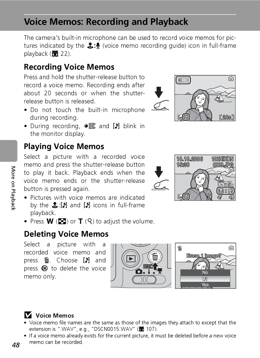 Nikon L6 manual Voice Memos Recording and Playback, Recording Voice Memos, Playing Voice Memos, Deleting Voice Memos 