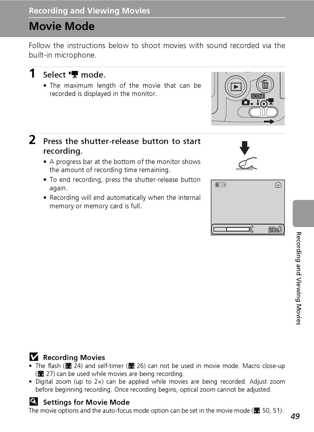 Nikon L6 manual Movie Mode, Select T mode, Press the shutter-release button to start recording, Recording Movies 