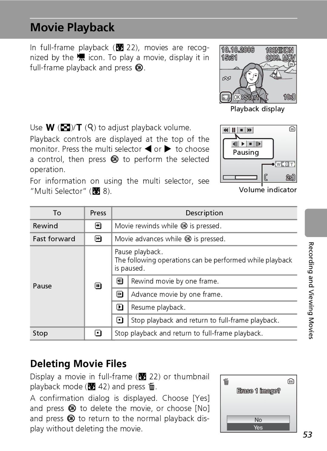 Nikon L6 manual Movie Playback, Deleting Movie Files 