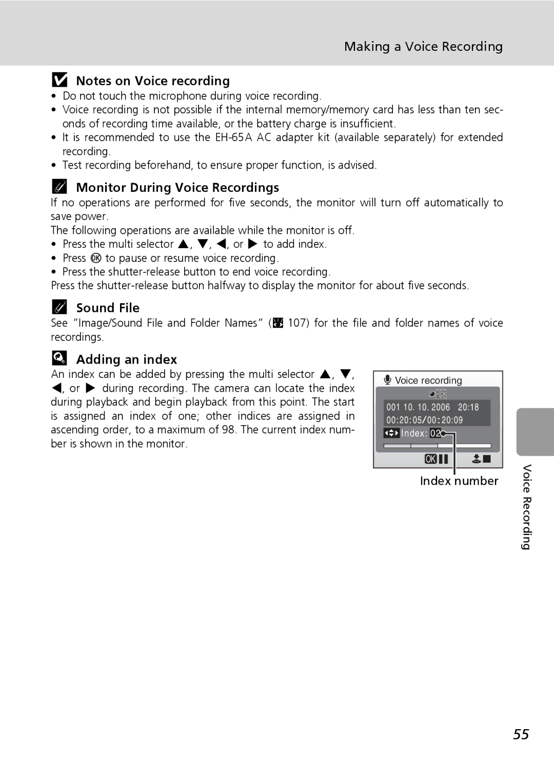 Nikon L6 manual Adding an index, Making a Voice Recording 