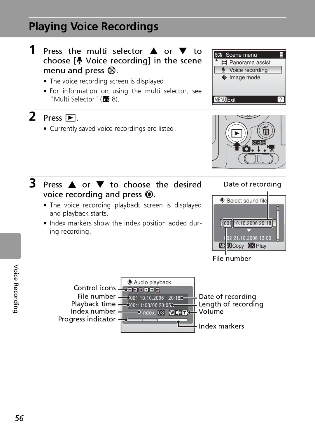 Nikon L6 manual Playing Voice Recordings, Currently saved voice recordings are listed 