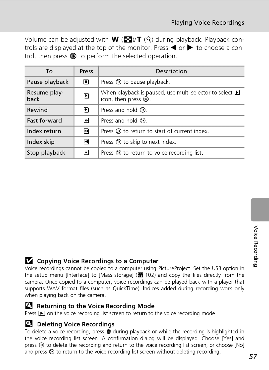 Nikon L6 manual Copying Voice Recordings to a Computer, Returning to the Voice Recording Mode, Deleting Voice Recordings 