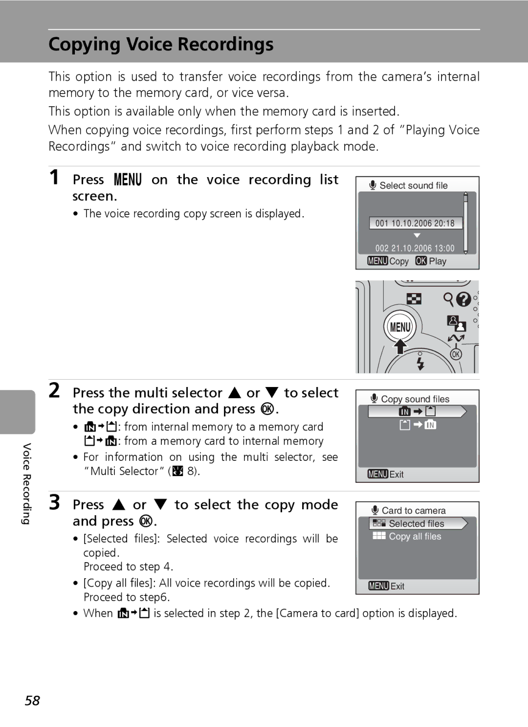 Nikon L6 manual Copying Voice Recordings, Press the multi selector G or H to select, Copy direction and press d 