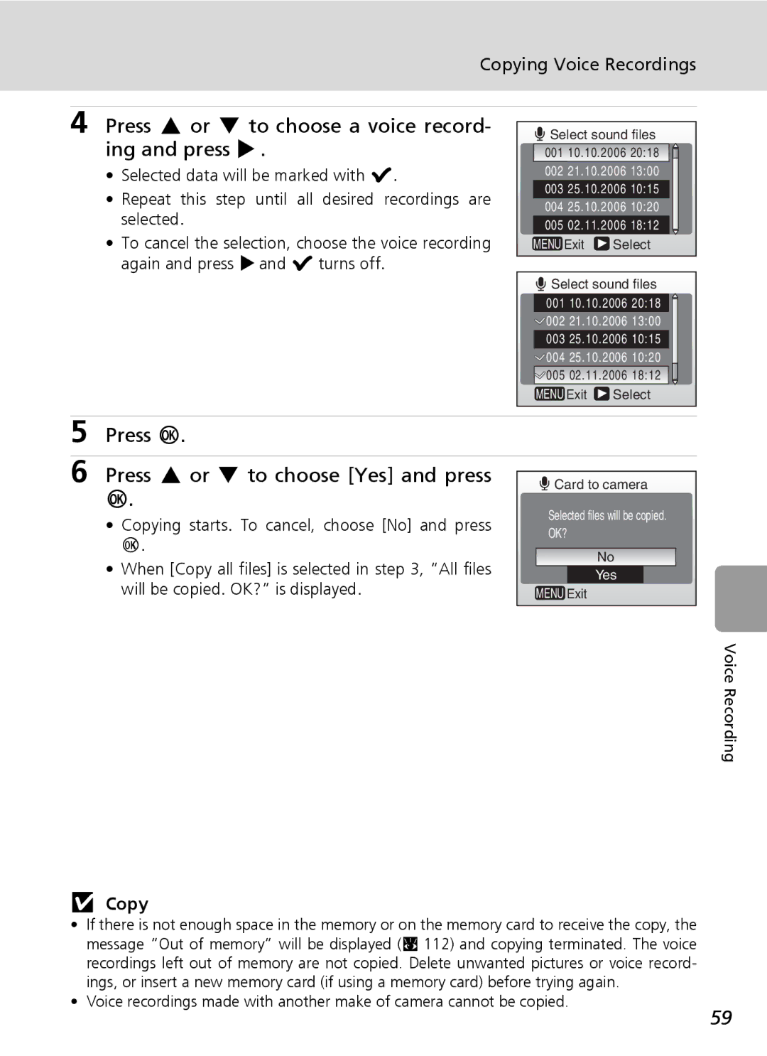 Nikon L6 manual Press G or H to choose a voice record- ing and press J, Press d Press G or H to choose Yes and press, Copy 