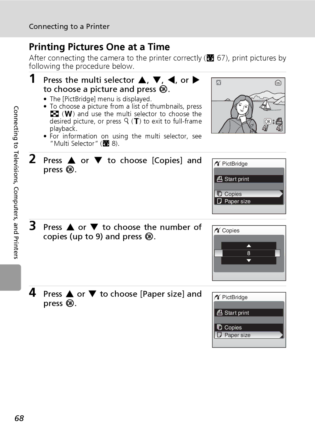 Nikon L6 manual Printing Pictures One at a Time, Press G or H to choose Copies and press d 