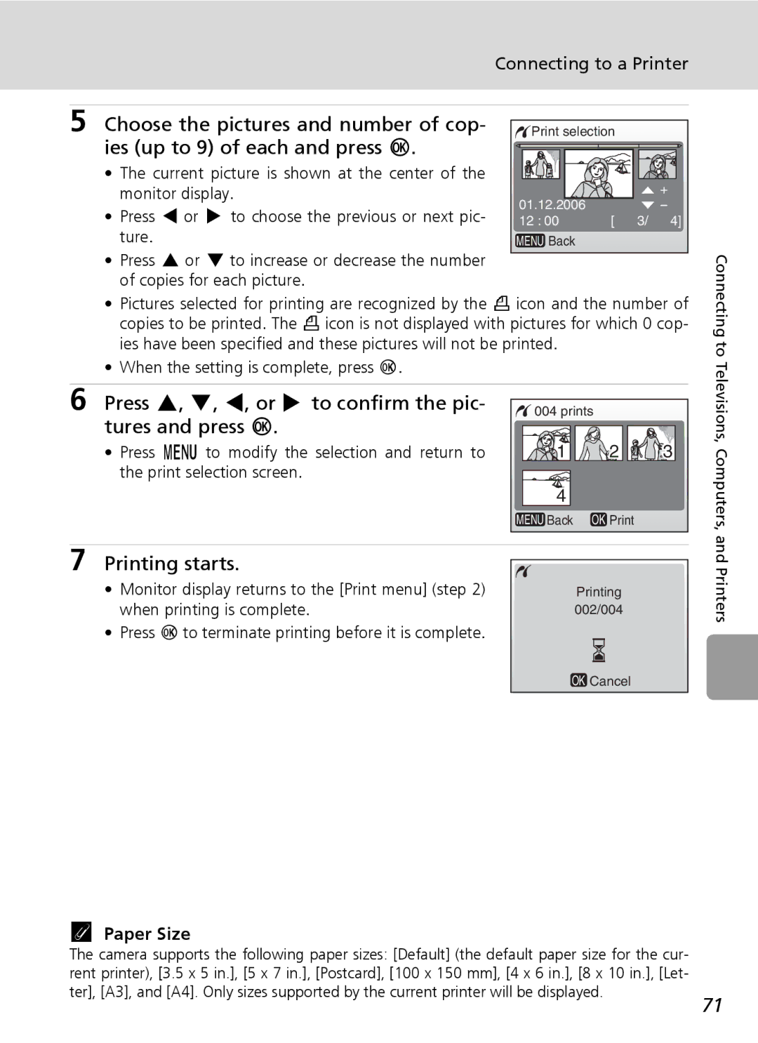 Nikon L6 manual Paper Size, Monitor display returns to the Print menu step, When printing is complete 