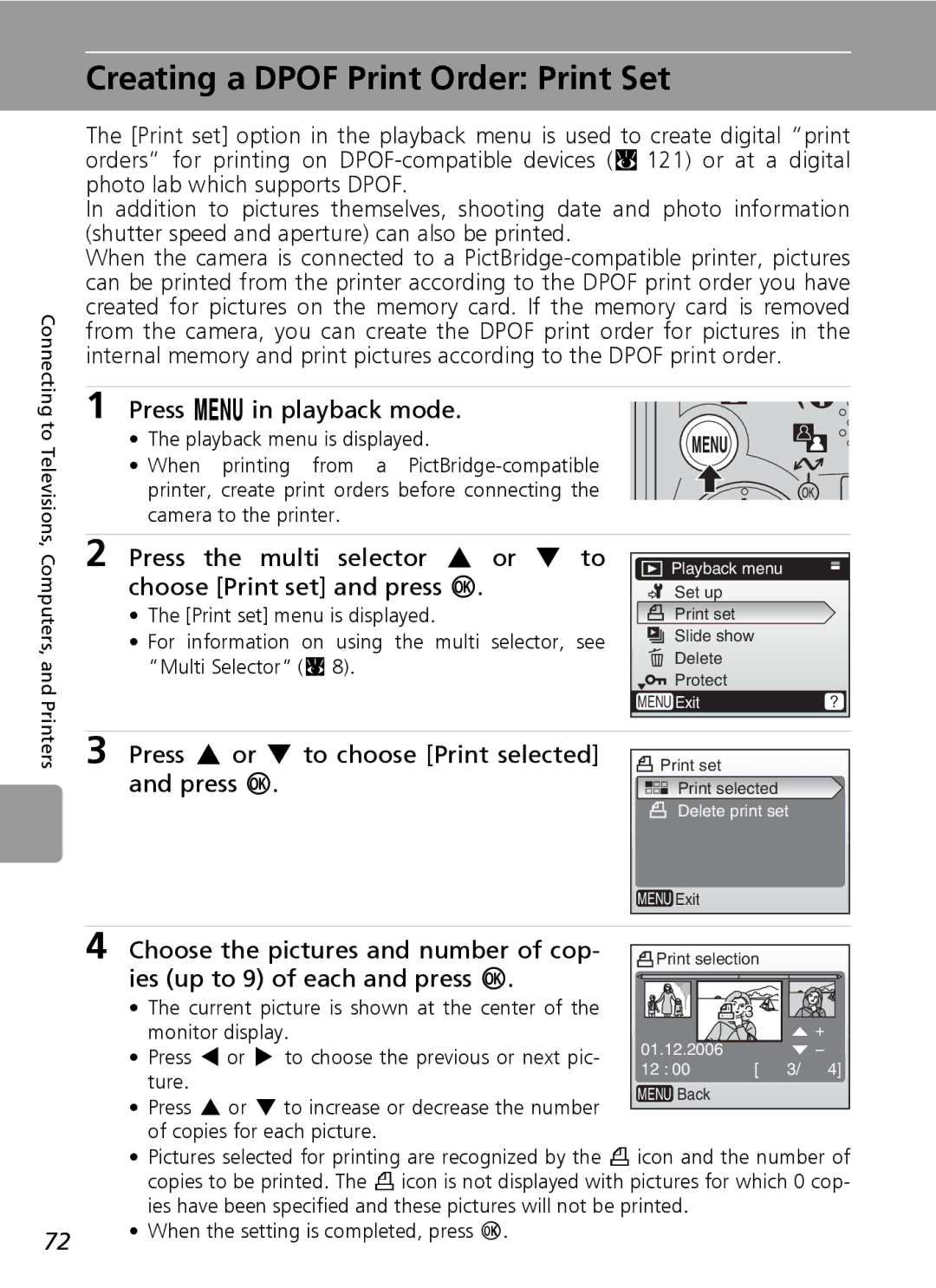 Nikon L6 manual Creating a Dpof Print Order Print Set, Press m in playback mode, Choose the pictures and number of cop 