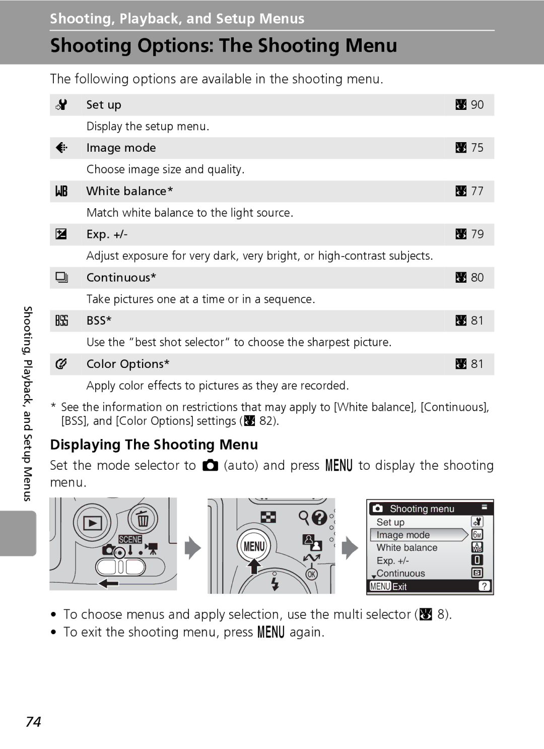 Nikon L6 manual Shooting Options The Shooting Menu, Displaying The Shooting Menu 