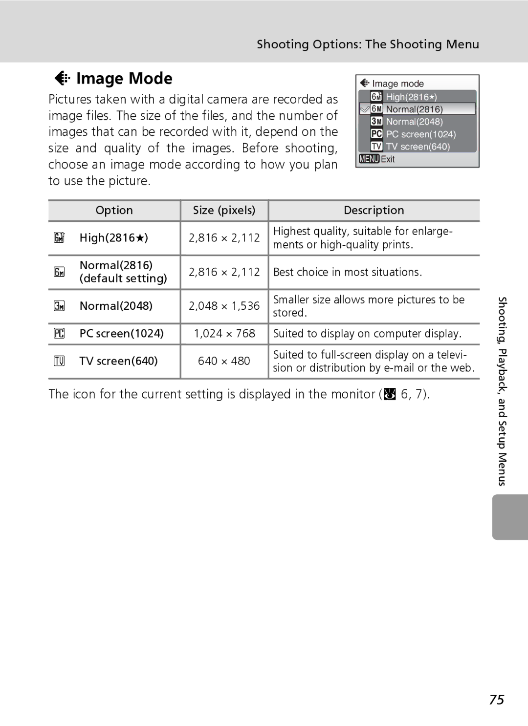 Nikon L6 manual Image Mode, Shooting Options The Shooting Menu, Stored, PC screen1024 024 ×, TV screen640 