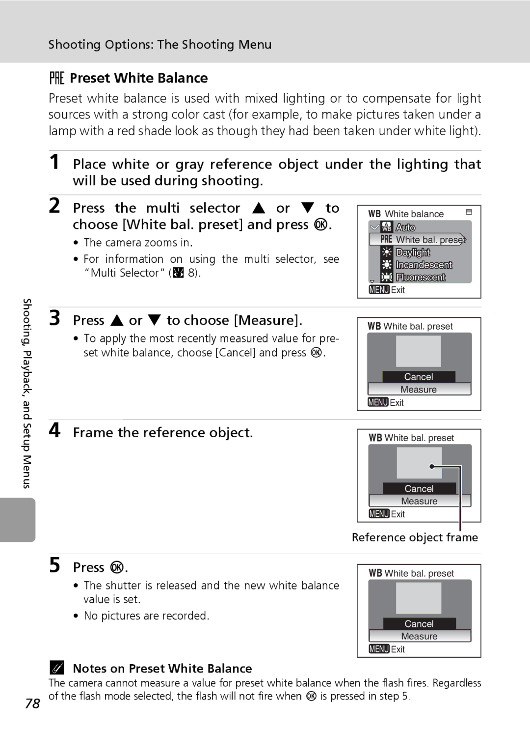 Nikon L6 manual Preset White Balance, Choose White bal. preset and press d, Press G or H to choose Measure, Press d 