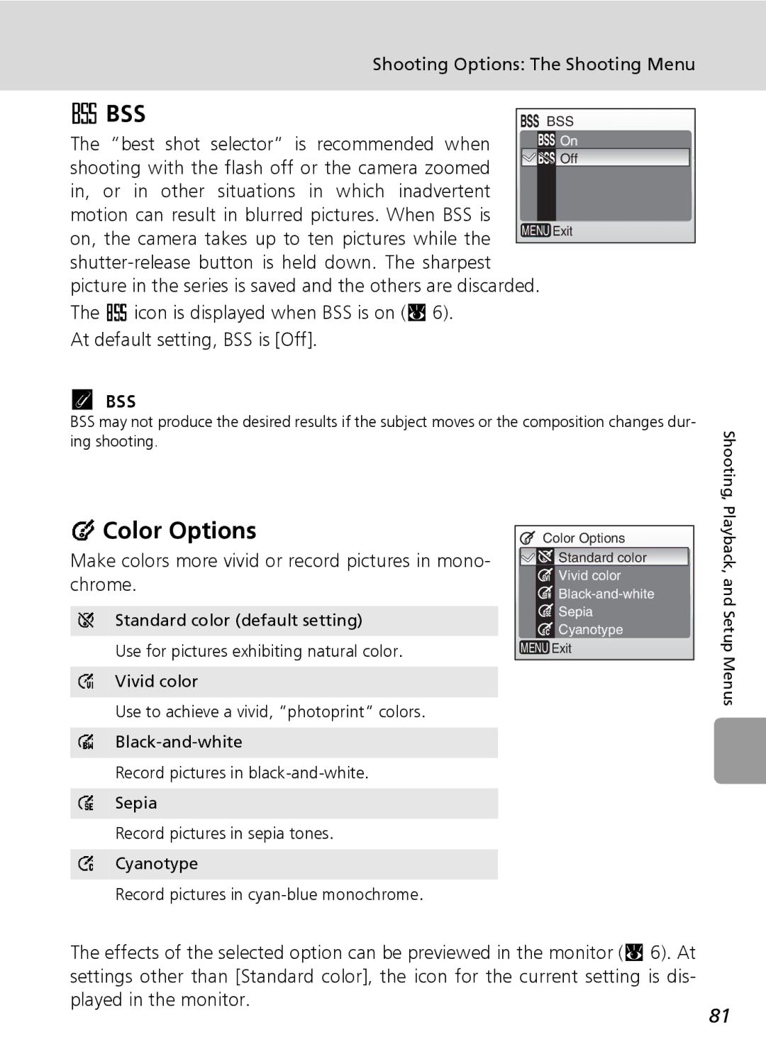 Nikon L6 manual Color Options, Bss, Make colors more vivid or record pictures in mono- chrome 