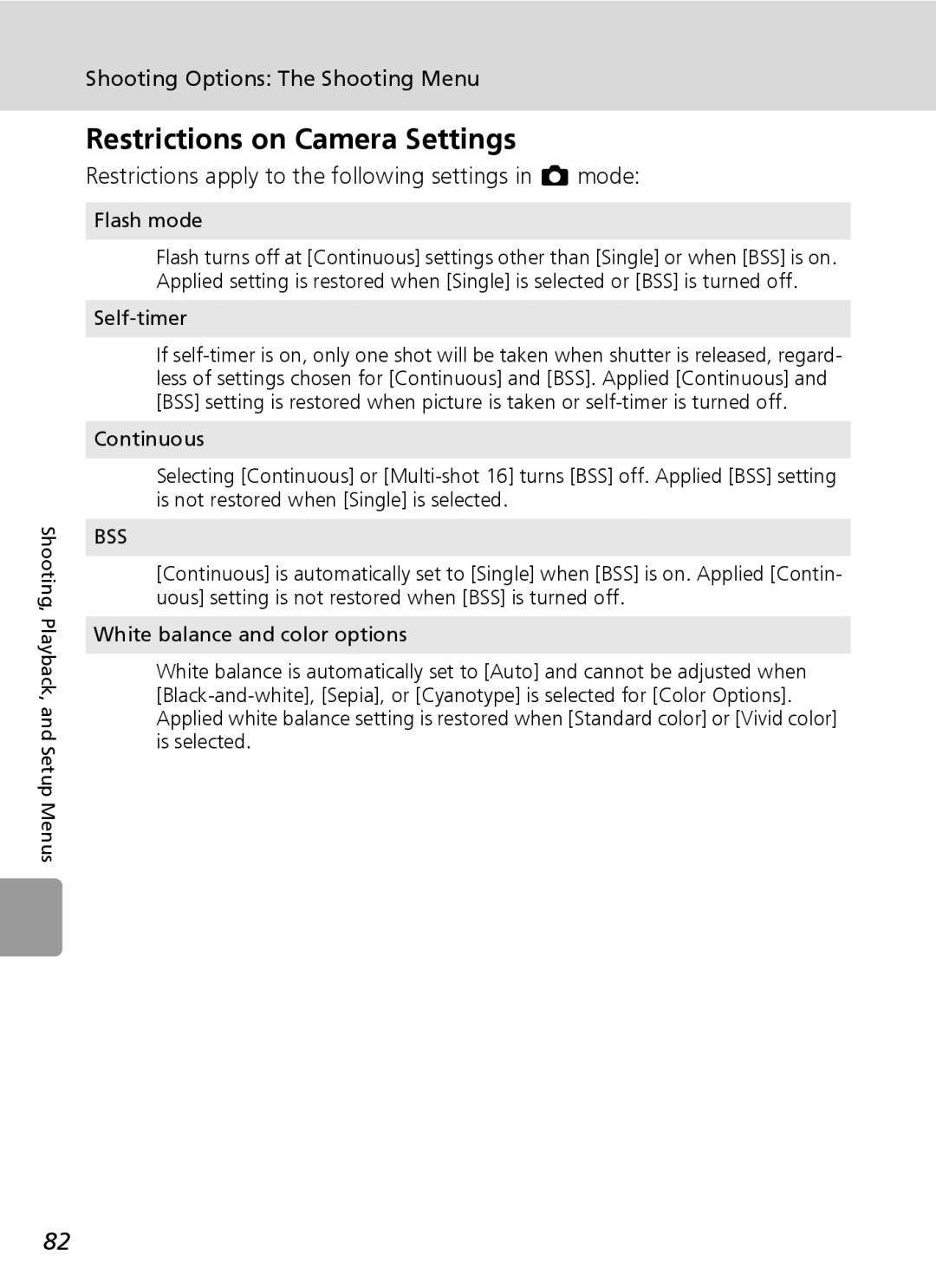 Nikon L6 manual Restrictions on Camera Settings, Restrictions apply to the following settings in L mode, Flash mode 