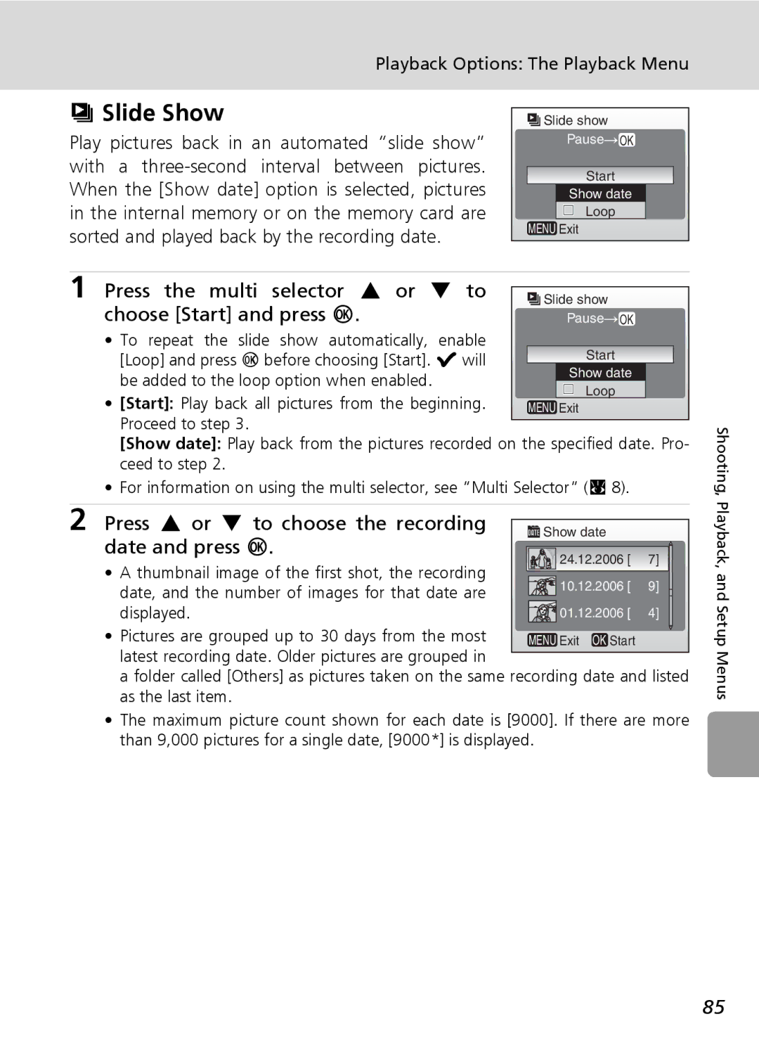 Nikon L6 manual Slide Show, Press the multi selector G or H to choose Start and press d 