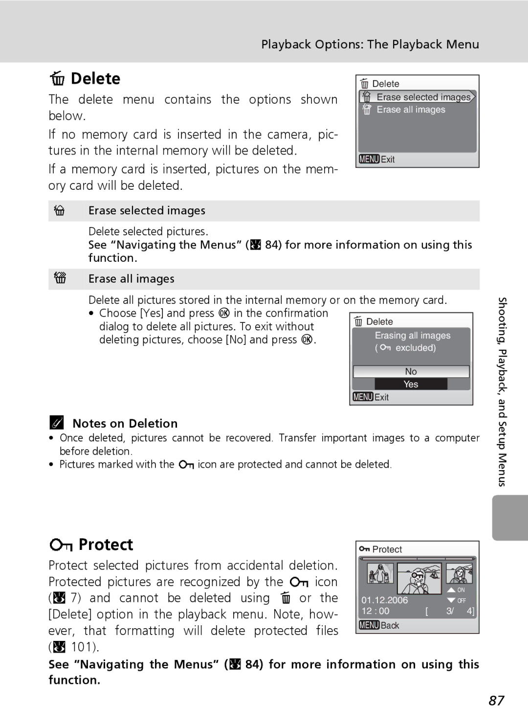 Nikon L6 manual Delete, Protect, Choose Yes and press d in the confirmation, Dialog to delete all pictures. To exit without 