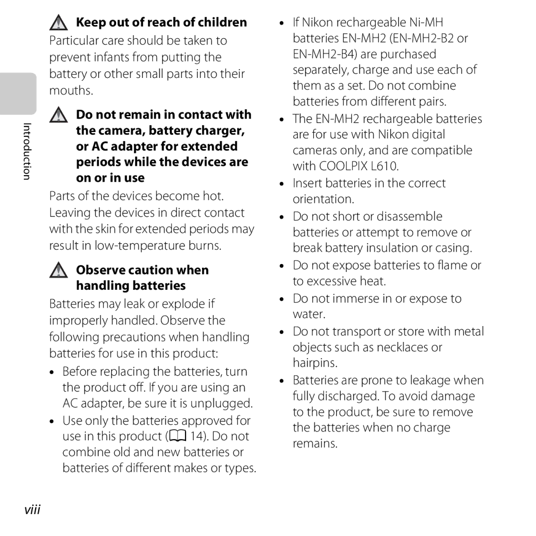 Nikon COOLPIXL610SIL, L610 Red, L610 Black, COOLPIXL610BLK, 6MNA8611-02, CT2H02 Viii, Observe caution when handling batteries 