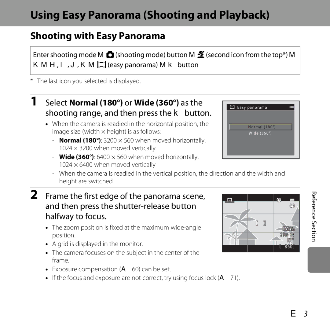 Nikon L610 manual Using Easy Panorama Shooting and Playback, Shooting with Easy Panorama, Select Normal 180 or Wide 360 as 