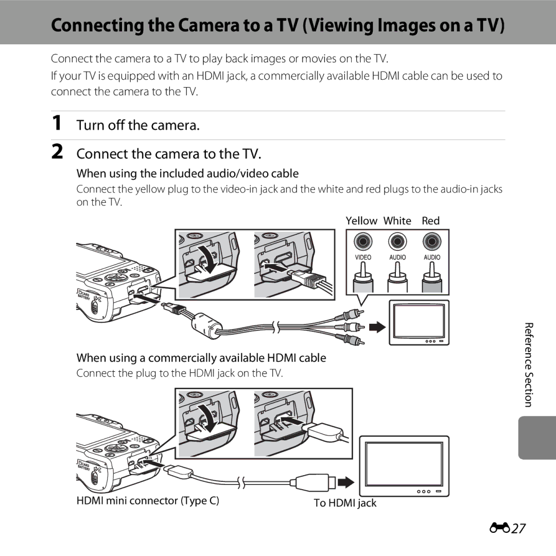 Nikon 6MNA8611-02, L610 Turn off the camera Connect the camera to the TV, E27, When using the included audio/video cable 