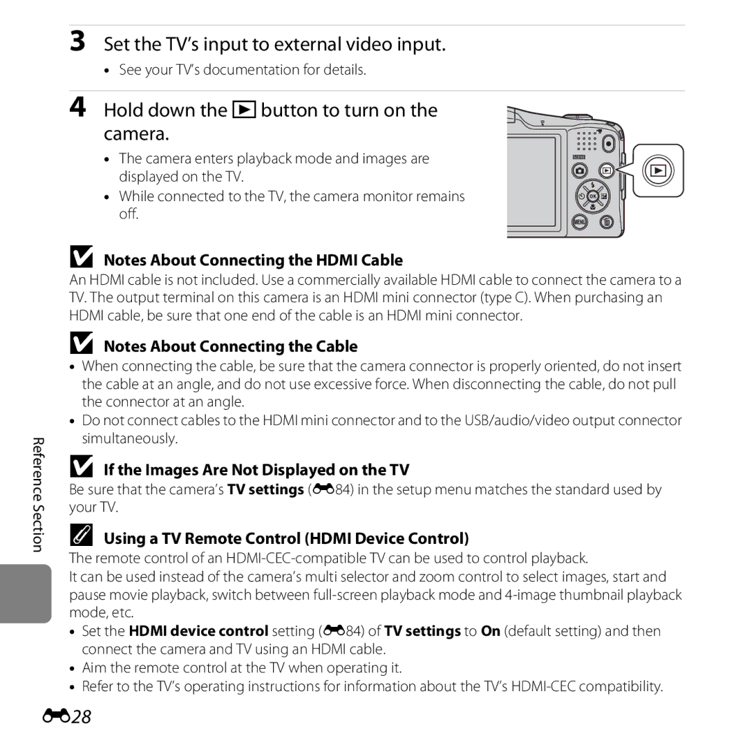 Nikon CT2H02, L610 Red manual Set the TV’s input to external video input, Hold down the cbutton to turn on the camera, E28 